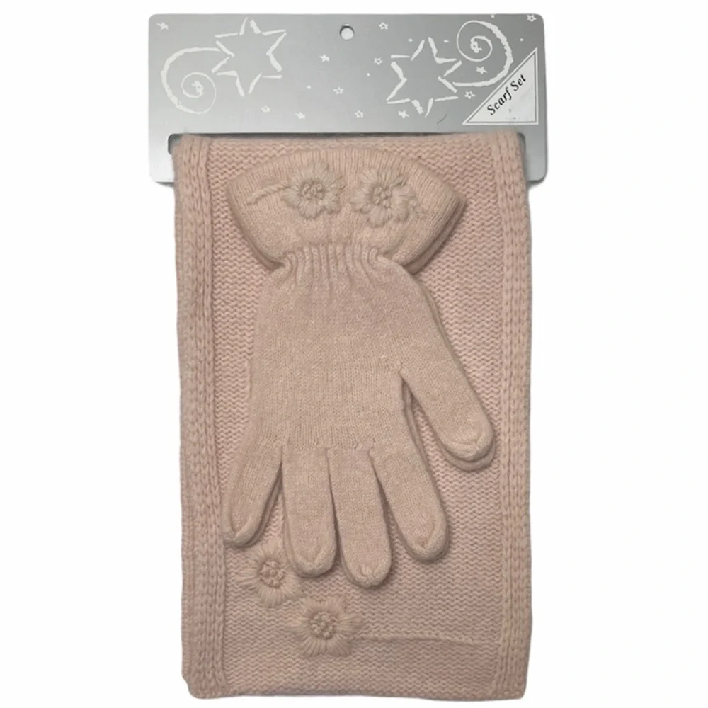 Floral Knit Scarf and Gloves Set Pink